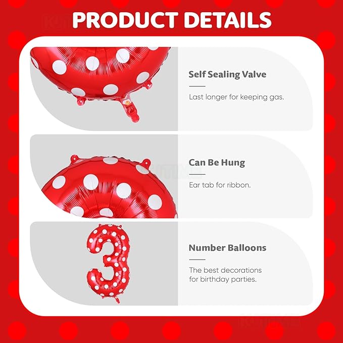 40 Inch Number 3 Foil Balloon Red Polka Dot for 3rd Birthday Kids Balloons Party Supplies Decorations