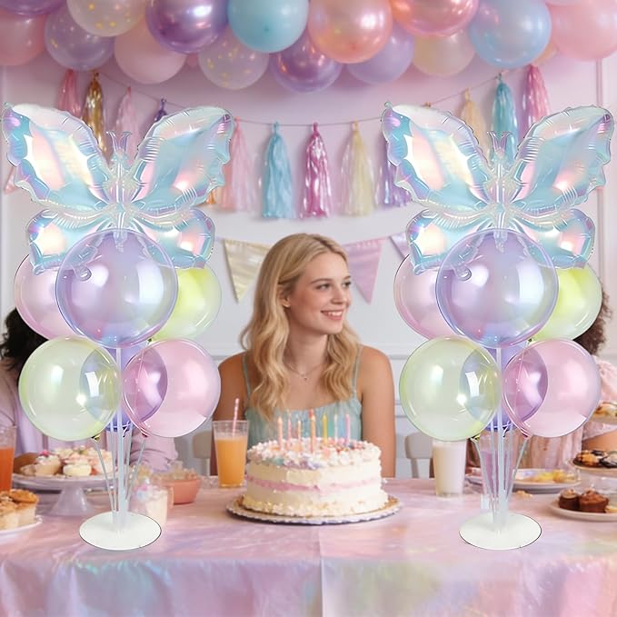Colored Translucent Butterfly Party Balloons Stand Kit 2 Sets with Rainbow Holographic Clear Butterfly Foil Balloons Party Balloon Centerpiece for Tables for Holiday Birthday Wedding Decorations