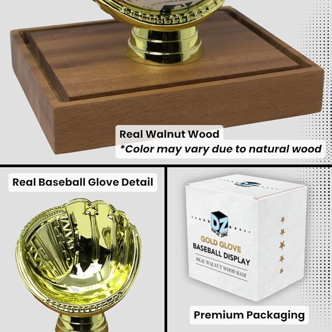 Gold Glove Baseball Display Case Holder Walnut Wood by Display Zone – Clear Homerun Cube Keepsake Box for Signed, Autograph, and Game Balls - Real Walnut Wooden Base