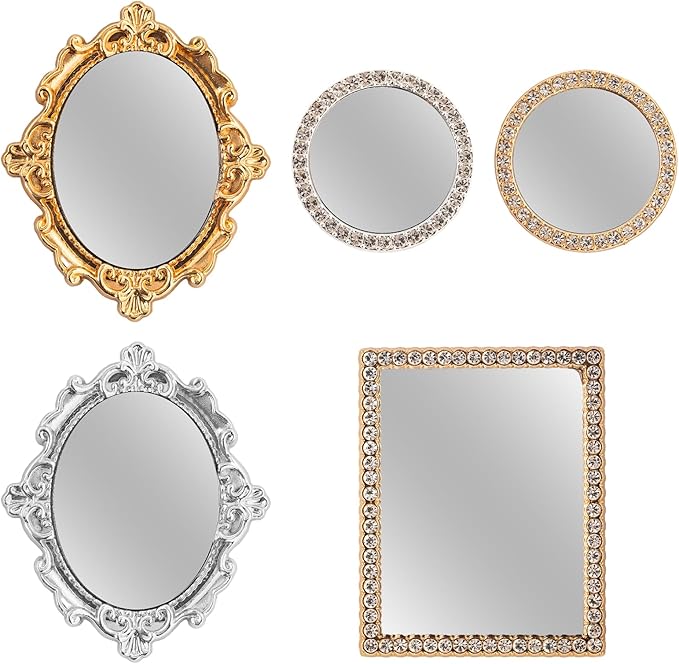SAMCAMI Dollhouse Accessories Mini Mirror, 1/12 Scale Doll House Accessories and Furniture, Miniature Dollhouse Mirror, 5 Pieces (No.1)