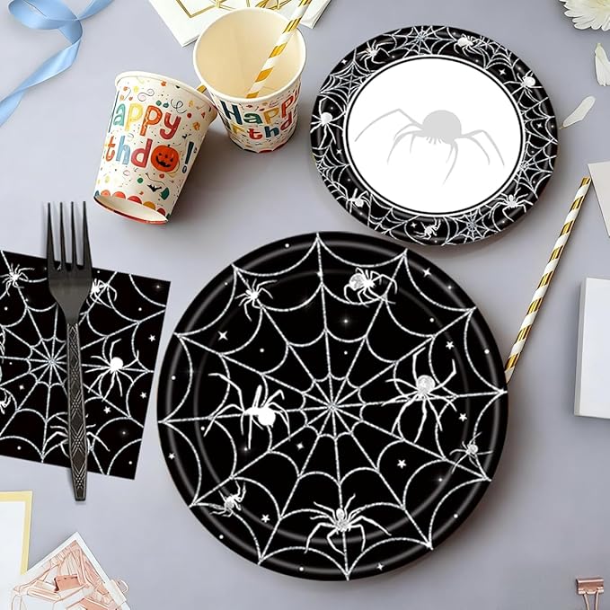 80 Pcs Halloween Spider Web Tableware Party Supplies - Disposable Dinnerware Set with Paper Plates, Napkins, and Forks for Spooky Halloween Party Supplies, Birthday Decorations Serves 20