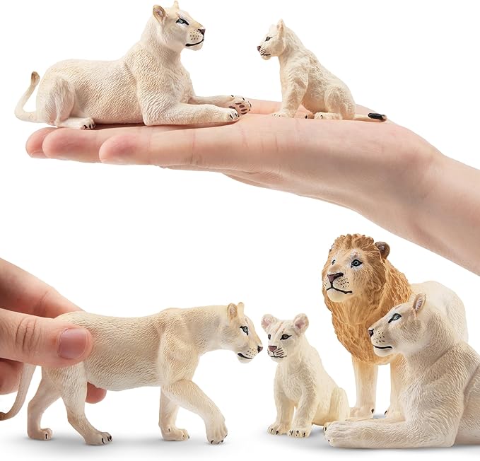 Toymany 6PCS White Lion Figurines with Lion Cubs, 2-5" Wild Life Jungle Animals Figures Realistic Family Set Includes Baby Lions, Educational Toy Cake Toppers Easter Birthday Present for Kids