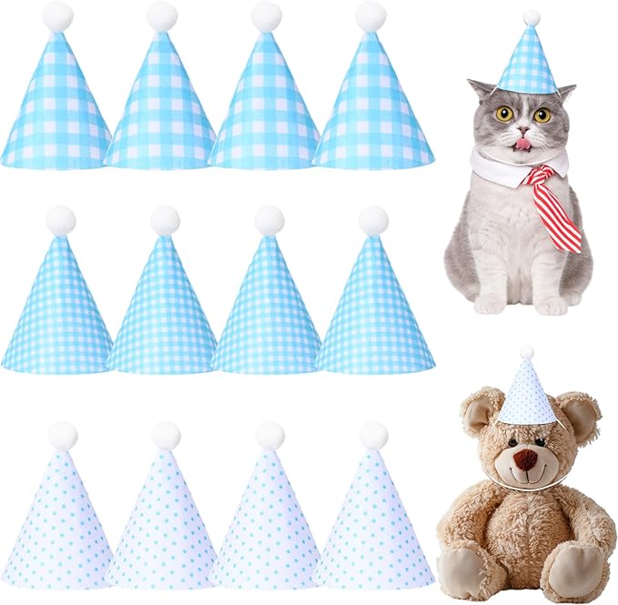 12 Pcs Mini Party Hats for Stuffed Animals, Felt Cone Hats with Pom Poms Baby Blue Polka Dot Checkered Mini Birthday Party Hat for Dolls Small Dogs Cats Birthday Holiday Pet Accessories