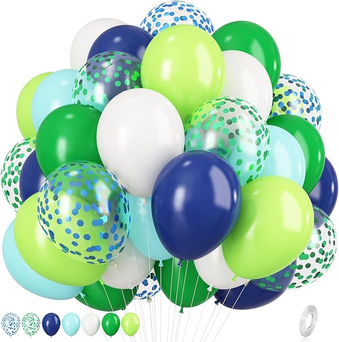 Blue and Green Balloons, 12 Inch Dinosaur Balloons, Navy Blue Dark Fruit Green White Teal Latex Balloon Set with Confetti Balloon for Boys Dinosaur Birthday Football Video Game Jungle Dino Theme Party