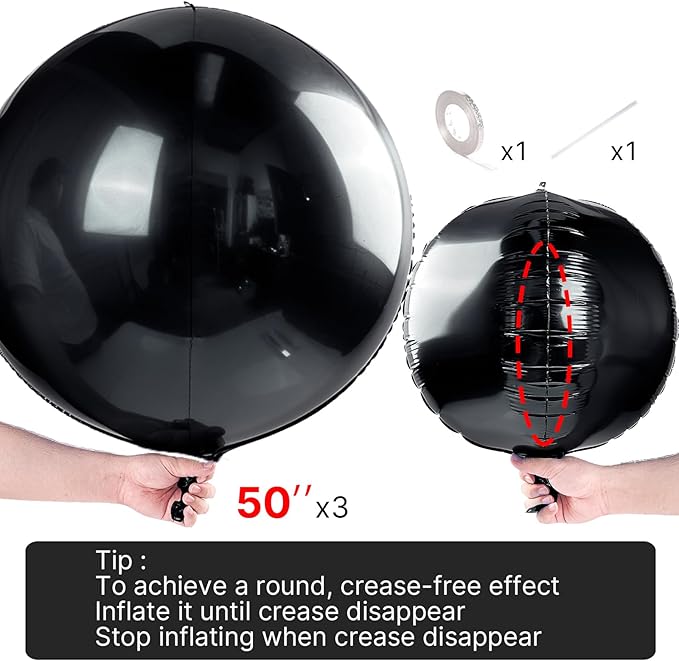 PartyWoo Black Foil Balloons 3pcs 50 Inch Large Round Foil Big Giant 4D Jumbo Inflatable Mirror Ball Mylar Balloons for Halloween Graduation Birthday Retirement Anniversary Party Decorations