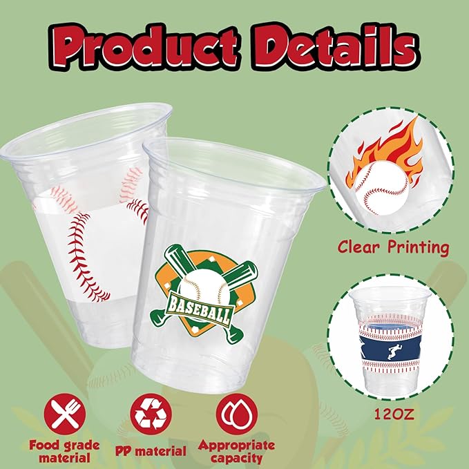 100Pcs Baseball Party Decorations Cups,12OZ Clear Disposable Plastic Drinking Cups For Baseball Theme Birthday Party Decor Supplies