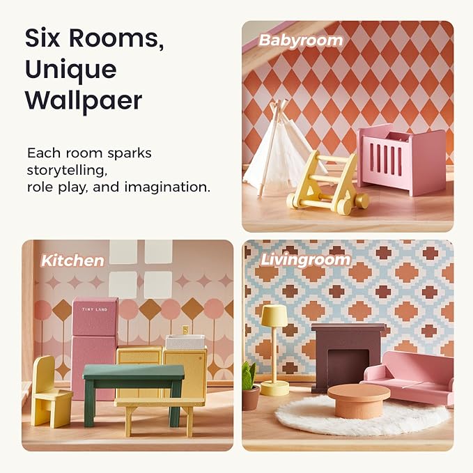 Tiny Land Wooden Dollhouse for Girls - 6 Rooms Wooden Doll House, DIY Pretend Doll House with 31Pcs Furniture Accessories, Creative Gift for Girl Ages 3+ (Dusty Pink)