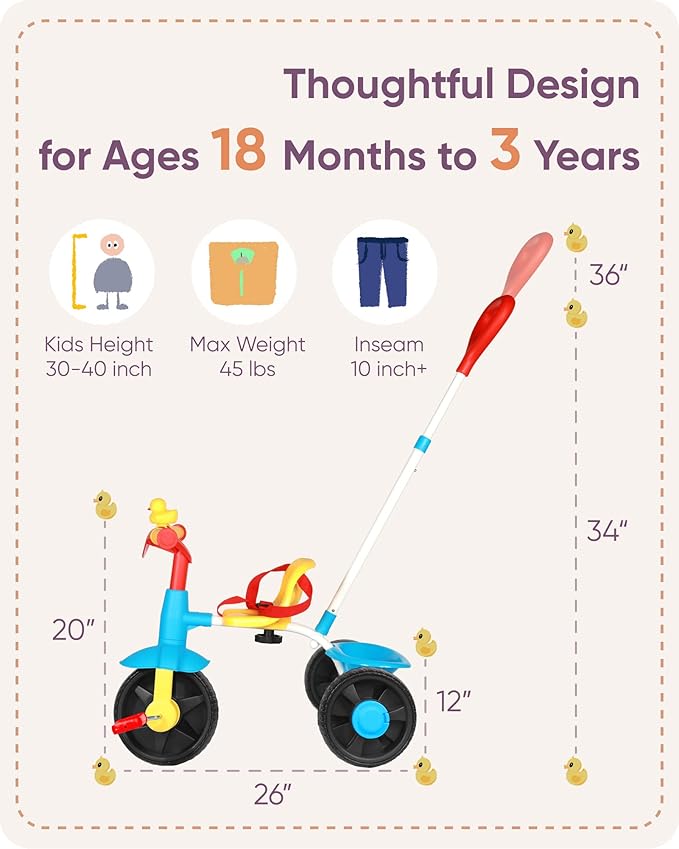 KRIDDO 2 in 1 Kids Tricycles Age 18 Month to 3 Years, Gift Toddler Tricycles for 2-3 Year Olds, Trikes for Toddlers with Push Handle and Duck Bell EVA Wheel