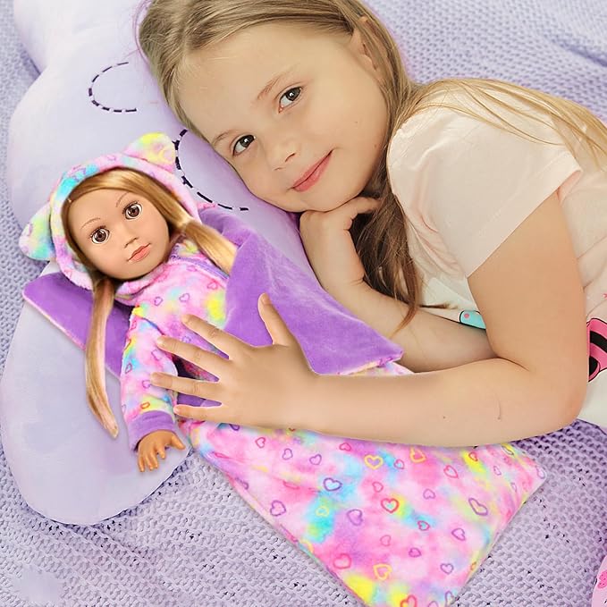 American 18" Doll Clothes and Sleep Bag Accessories,Sleepover Outfit Set Fits 18 Inch Dolls Include Rainbow Costume,Unicorn Style Pillow,Eye Mask,Shoes,Animal Toy Gifts for Girls (No Doll)