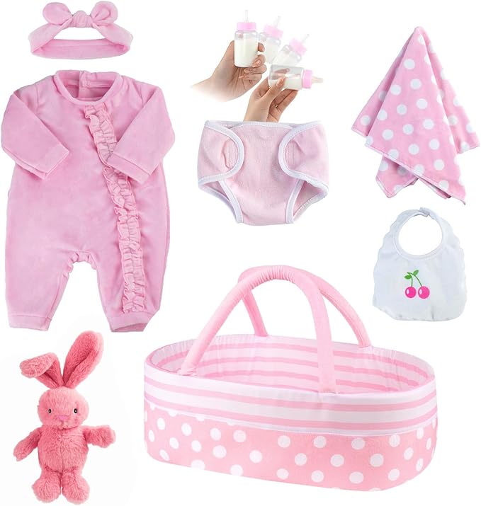 JIZHI 8 Pcs Reborn Baby Doll Clothes Set with Bassinet for 17-22 Inch Dolls, Baby Dolls Clothes and Doll Accessories Set fit Realistic Baby Doll Girl, Pink
