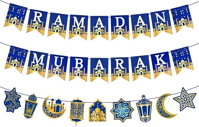 AhfuLife Ramadan Mubarak Banner Decorations for Home, 3 Pcs Pre-Tied Ramadan Mubarak Bunting Banners for Muslim Party Decor, Moon Star Lanterns Garland Islamic Party Supplies