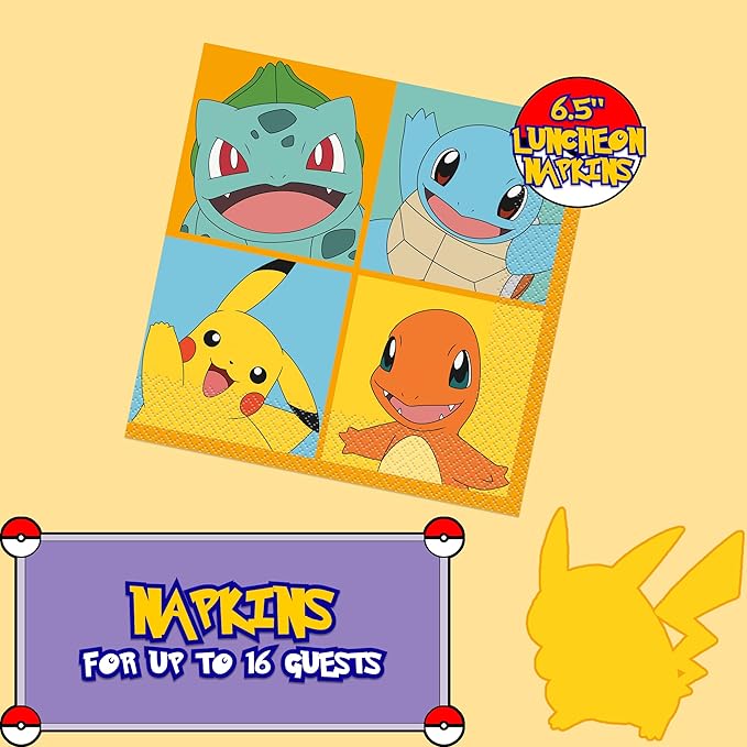 Unique Pokémon Party Supplies | Tabletop & Party Hats Set | Serves 16 | Officially Licensed | Plates, Napkins, Plastic Table Cover, Party Hats | Birthday Decorations For Kids & Classrooms