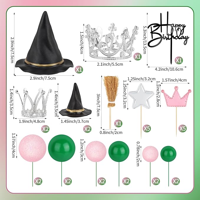 Hooqict 30 Pieces Pink and Green Cake Decorations with Mini Black Witch Hat, Silver Crown, Broom, Happy Birthday Cake Topper for Girls Women Princess Witch Birthday Party Decorations Supplies