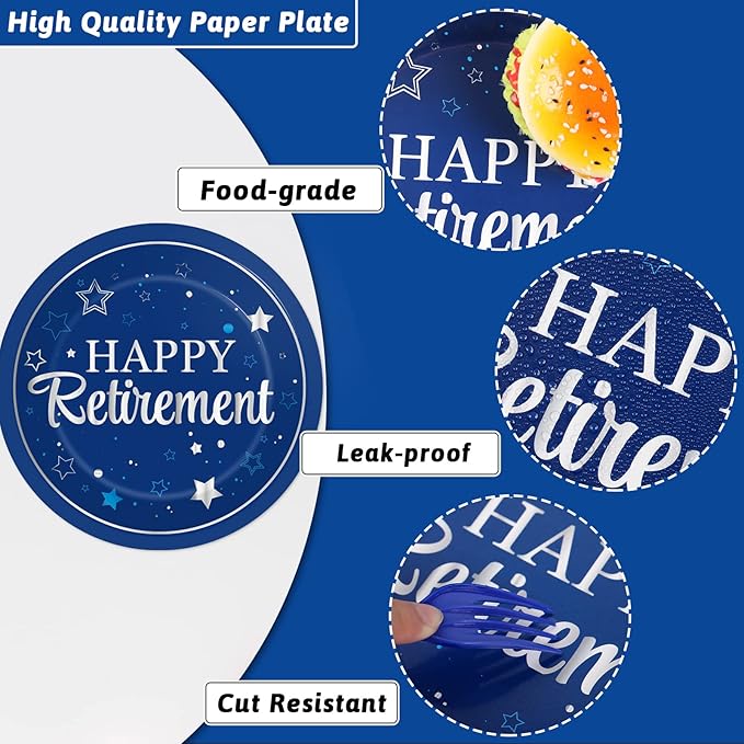 96Pcs Blue Retirement Plates and Napkins Blue Silver Retirement Party Decorations Blue Happy Retirement Party Supplies Disposable Party Paper Cake Dessert Plates for Men Woman Serves 24 Guests