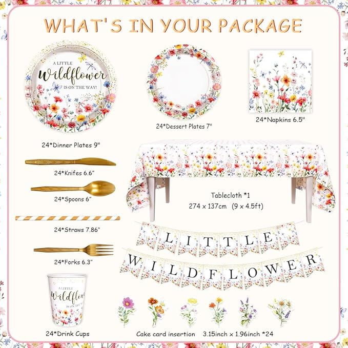 218Pcs Wildflower Baby Shower Decorations for Girls, Wildflower Party Decorations Include Plates Cup Napkin Tablecloth Tableware Banner Cupcake Topper Wildflower Baby in Bloom Party Supplies