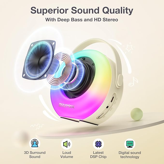 Karaoke Machine for Kids，Mini Portable Bluetooth Speaker with 2 Wireless Microphones,Karaoke Toys Gifts with Interactive Lights and Sound for Girls Boys Adults Home Party Birthday-Beige