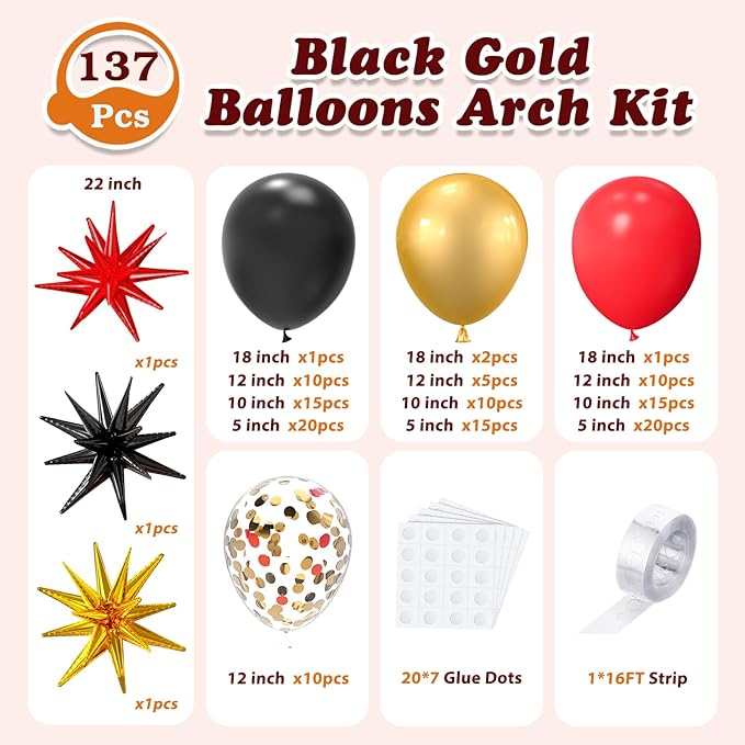 137Pcs Red Black Gold Balloons Garland Arch Kit with Stars - 5 10 12 18 inch Red Black Gold Confetti Latex Balloons for Graduation Hollywood Casino Theme Party Decorations