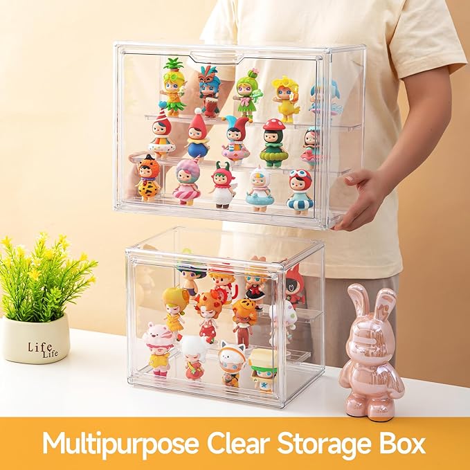Acrylic Display Cases for Collectibles, 3 Tier Clear Shelf Boxes for Figures, Miniature Dustproof and Stackable Action Figure Display Case (1, Large)