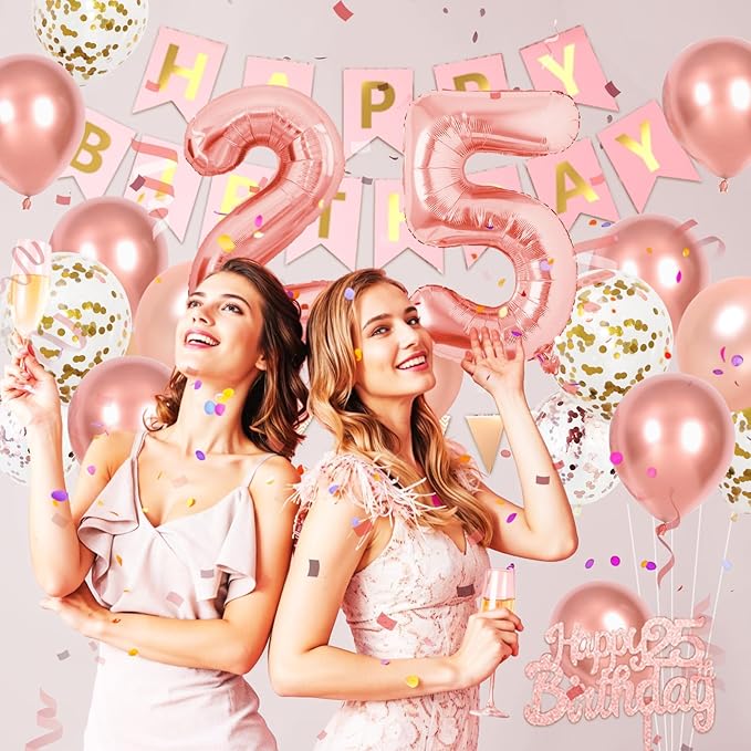 25th Happy Birthday Party Decorations, Rose Gold Birthday Decorations With Number 25 Balloons Gold Confetti Balloons Fringe Curtain Triangle Flag Banner Cake Topper For Girl Women Party Supplies
