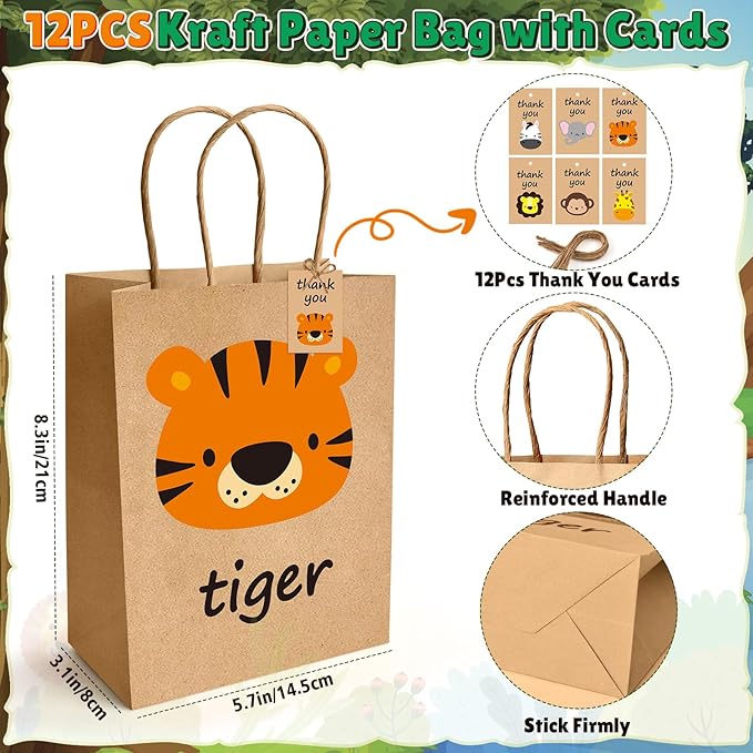 Winrayk 12 Sets Jungle Safari Party Favors Wild Animals Birthday Supplies, Tote Bag Paper Glasses Animal Figure Silicone Wristband Keychain, Goodie Bag Stuffers Kids Girl Boy Safari Jungle Party Decor