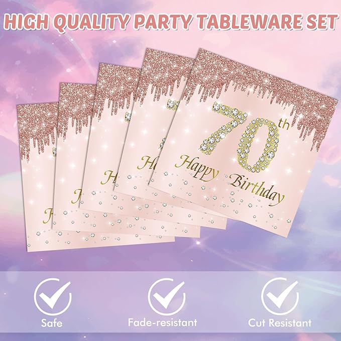 40Pcs 70th Birthday Decorations for Women Rose Gold 70 Year Old Birthday Decorations Include 70th Birthday Paper Plates and Napkins Set,1956 Disposable Tableware Party Supplies Kit For Girl Ladies
