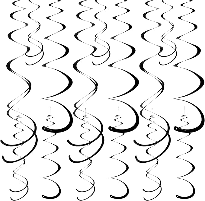 Colorful Ceiling Swirl Foil Decorations Hanging Plastic Streamer Themed Swirl Party Decoration for Wedding Thanksgiving Day Graduation Celebration, Pack of 28 (Black)