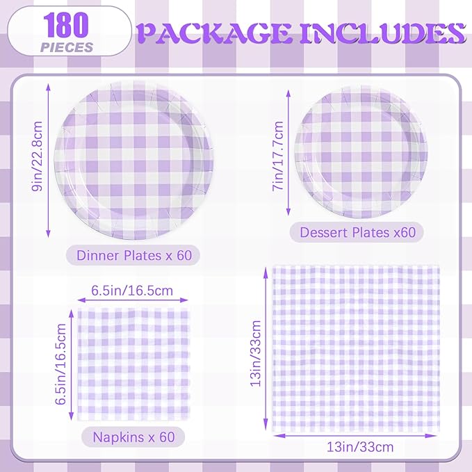 180Pcs Purple Gingham Party Supplies Paper Plates and Napkins Serve 60 Disposable Tableware Set for Birthday Party Decorations Game Day Family Holiday Sports Events