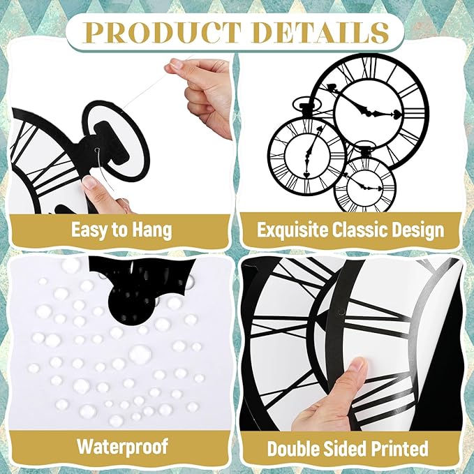 Wonderland Tea Party Decoration Clock Hanging Banners Wonderland Spring Themed Garland banner Curious Clock Backdrop Photo Props for Indoor Outdoor Garden Birthday Baby Shower Party Supplies
