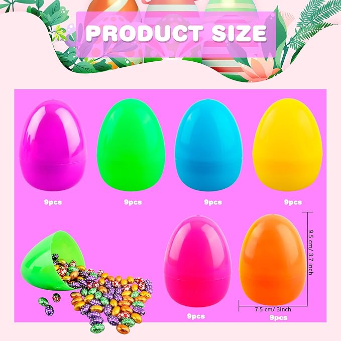 4 Inch Plastic Fillable Easter Eggs 36/54/ 66/78 pcs Large Colorful Easter Egg Big Flat Bottom Eggs Bulk for Easter Basket Fillers Egg Hunt Party Supplies (54 Pcs (6 Color) - Flat Bottom (4 Inch))