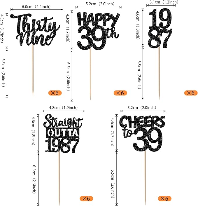 30PCS Black 39th Birthday Cupcake Toppers Glitter Thirty Nine Happy 39th Straight Outta 1987 Cupcake Picks for Cheers to 39 Years Birthday Wedding Anniversary Party Cake Decorations Supplies