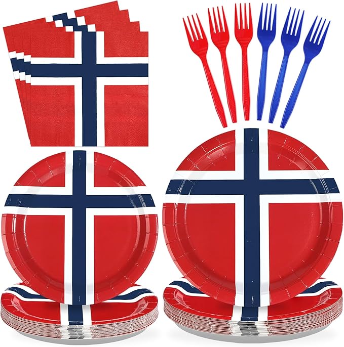 96 Pcs Norway Flag Themed Party Decorations Disposable Norwegian Flag Paper Plates and Napkins Norway National Tableware Set for Country Decoration Patriotic Festival Party Supplies, Serves 24