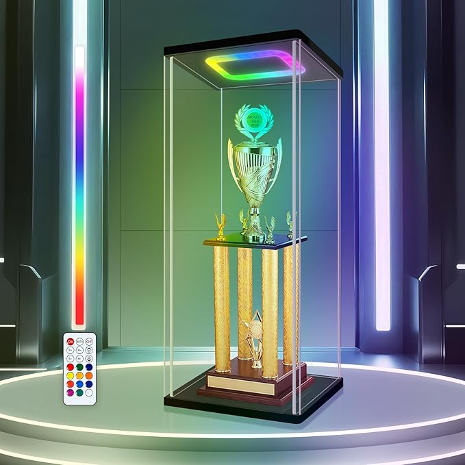 Acrylic Display Case with LED Light, Clear Dustproof Showcase for Collectibles, Action Figures & Trophies, Seamless Assemble Display Box for Models(11"x11"x25.2")