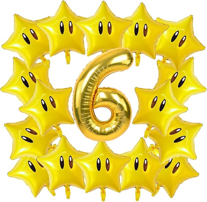 16PCS Foil Star Balloons, 40Inch Number 6 and Star Foil Balloons For Game Party 6th Birthday Party Decorations Children Party Supply Party Decor （6th）