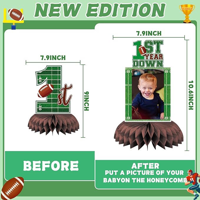 First Year Down Birthday Party Decorations Football Honeycomb Centerpieces, First Down Birthday Photo Table Centerpieces, 1st Year Down Decorations for Football Party Supplies
