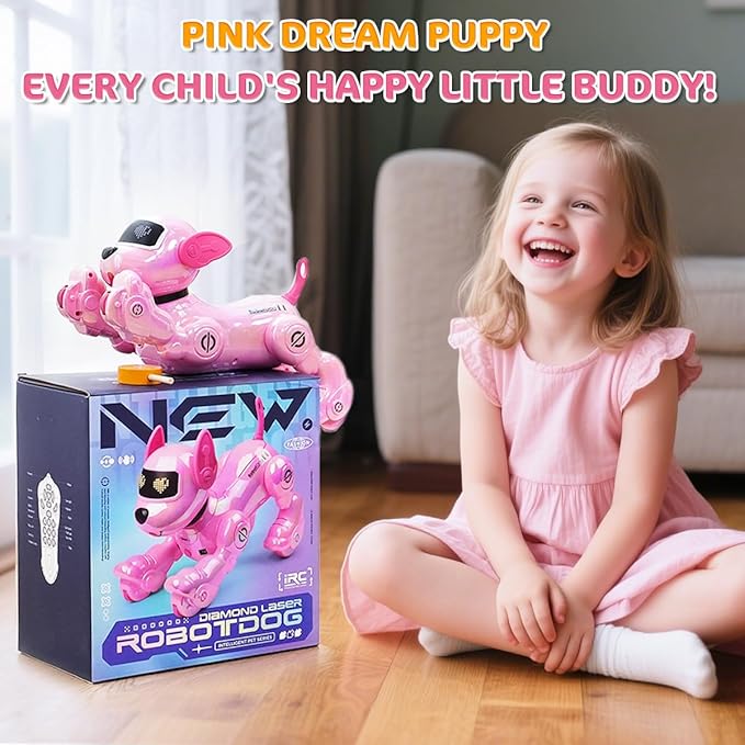 VATOS New Kids Remote Control Robot Dog, 17 Fun Interactive Functions Intelligent Programmable Kids Robotic Puppy with 2 Batteries, Singing Dancing Walking Robot Dog Toy for Girls 3-8 Years Old, Pink