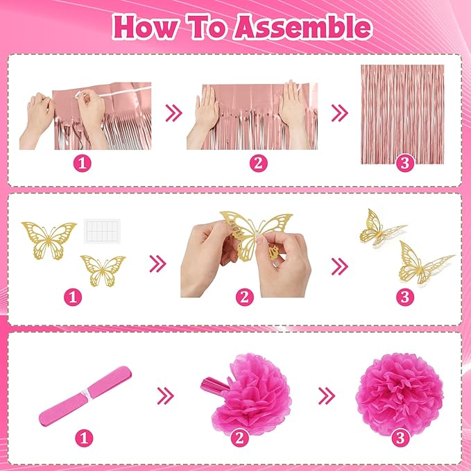 Hot Pink Orange Birthday Decorations for Women Girls, Peach Burnt Gold Metallic Confetti Printed Balloons Butterfly Stickers Fringe Curtain Happy Birthday Banner Circle Dot Paper Pompom Party Supplies