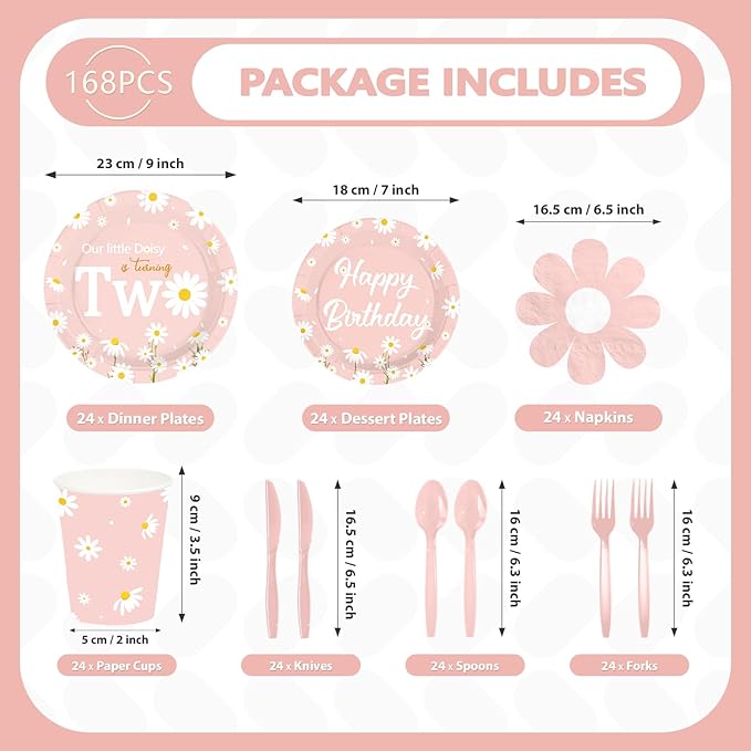 168Pcs Daisy 2nd Birthday Party Decoration Two Groovy Birthday Plates Napkins Cups Forks Knives Spoons Our Little Daisy is Turning Two Paper Tableware for Girls 2 Year Old Party Supplies Serves 24