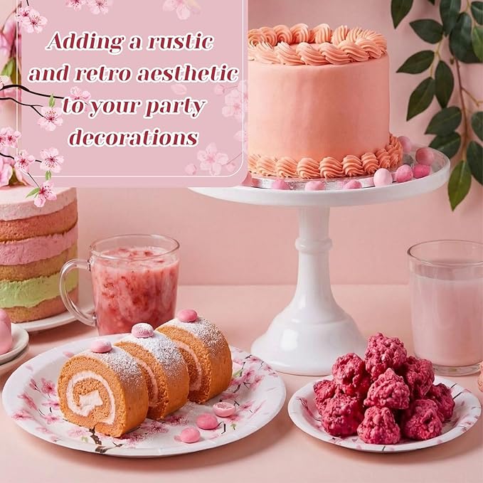 60 Pcs Cherry Blossom Paper Plates 9 in and 7 in Watercolor Pink Floral Party Decorations Plates Disposable Dinner Tableware for Bridal Shower Wedding Tea Summer Birthday Supplies