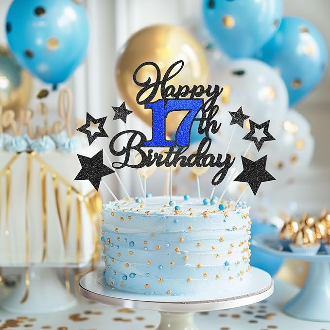 17th Birthday Cake Topper, Black Blue Happy 17th Birthday Cake Toppers for Boy Girl, 17 Years Old Birthday Party Supplies, Glitter Cake Decor, 17th Birthday Cake Decorations