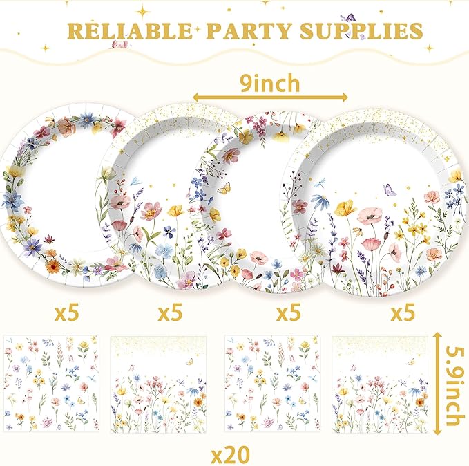 40 Pcs WildFlower Plates and Napkins Tableware Sets for WildFlower Party Decorations, Flower Birthday Decorations Which Can Serve 20