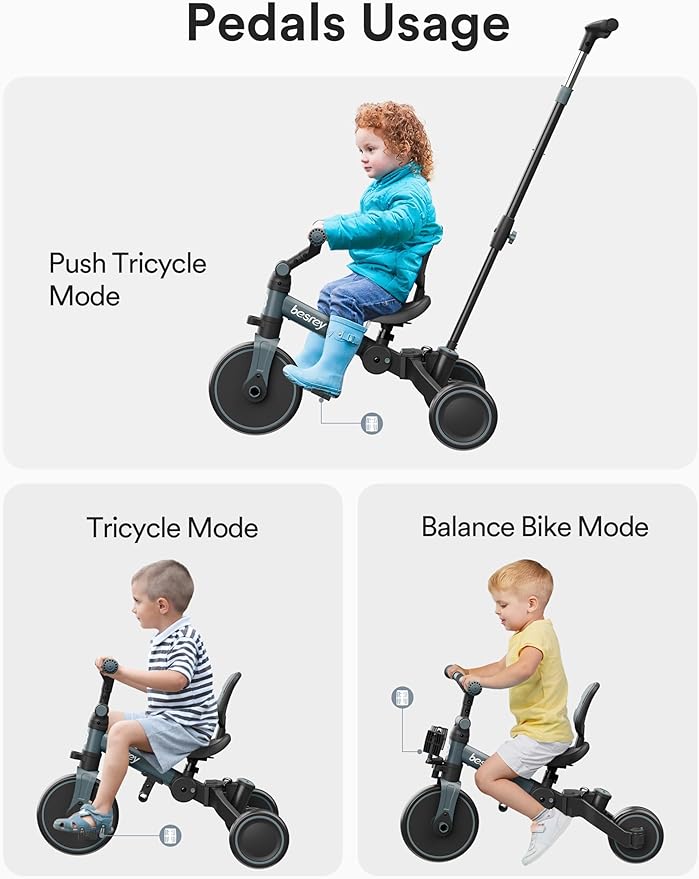 besrey 4 in 1 Toddler Bike, Toddler Tricycle for 1-3 Year Old, Trike with Push Handle, Backrest and Safety Belt, Birthday Gifts and Toys for Boys and Girls, Balance Bike