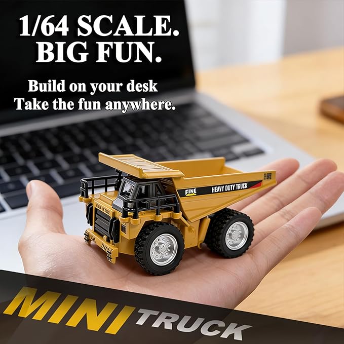 1:64 Mini RC Dump Truck Toy, Alloy Metal Construction Vehicle with App & Remote Dual Control, Variable Speed, LED Lights & Sound, RC Engineering Car Gift for Kids & Adults