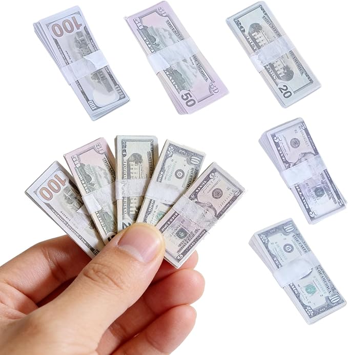 500PCS 1:12 Miniature Scene Dollars Set, 5 10 20 50 100 Fake Bill Prop Money, Realistic Tiny Mixed Denominations Stacks for Dollhouse Accessories