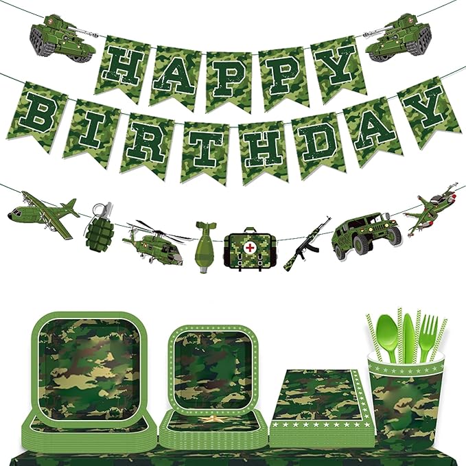 Zwiebeco Camouflage Happy Birthday Party Decoration Green Camo Banner Hanging Paper Bunting Garland Sign for Boys Kids Mens Adults Aoldier Military Themed Accessories Supplies