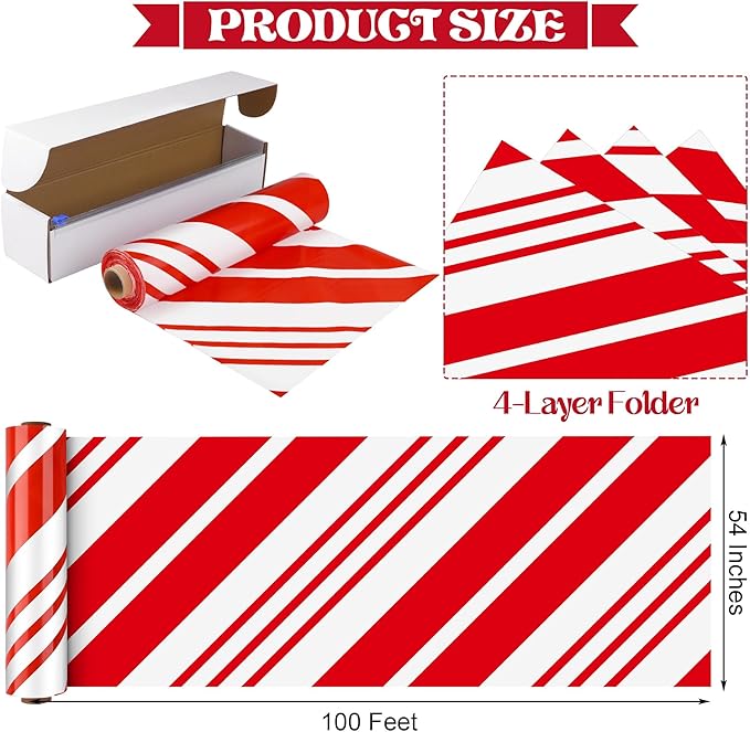 Kochorie 100 ft x 54 in Christmas Candy Cane Striped Tablecloth Roll with Slide Cutter Box Red and White Table Cover Christmas Tablecloth Wall Backdrop Xmas Home Holiday Party Supplies