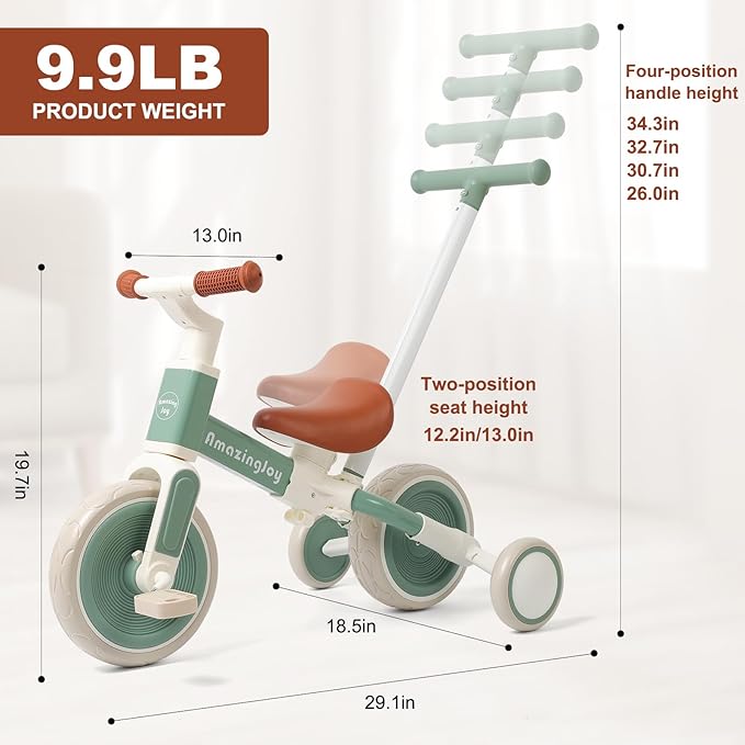 6-in-1 Toddlers Tricycle Baby Balance Bike, Kids Steering Push Handle Bicycle with Removable Pedals, Adjustable Seat,Training Wheels Toys 18 months+ Birthday Gifts for Boys Girls 2 3 4 Year Olds, Mint