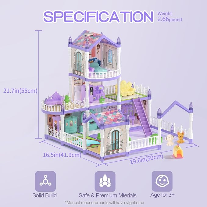 Princess Dollhouse Set, Lilac Purple Doll House with 9 Rooms on 3 Floors Includes 2 Dolls 2 Pets 12 Pieces of Furniture and Other Accessories, Prefect Gift for Girls Dreamy Dollhouse