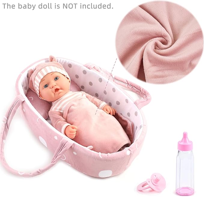 Enjoyin 8 Pcs Baby Doll Accessories Set Includes Feeding Bottle, Pacifier, Blanket, Pillow, Tablewares and Bassinet Carrier for 9'' to 12'' Dolls