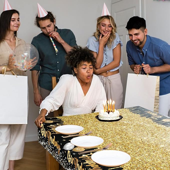 3 Pack Happy Birthday Tablecloths Black and Gold Tablecloth Plastic Table Cover Rectangular Birthday Table Cloth for Women Men Baby Shower Party Supplies
