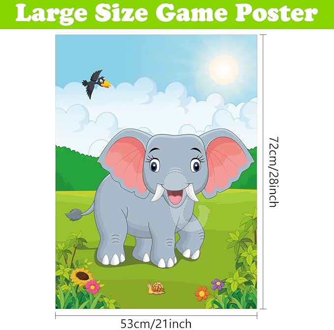 PLULON Pin The Nose on The Elephant Party Game with Elephant Nose Stickers for Kids Birthday Party Supplies, Animal Party Carnival Party Supplies
